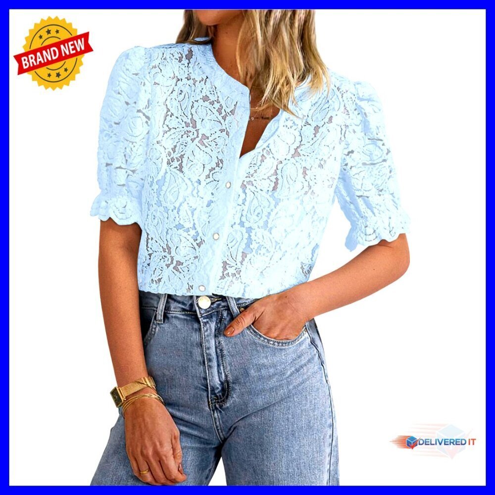Lace Eyelet Button Down Blouse Puff Sleeve Crew Neck Lightweight Summer Top